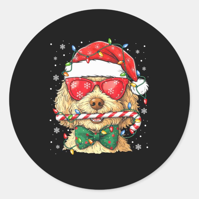 Sticker Rond Cute Goldendoodle Santa Hat Xmas Lights Goldendood (Devant)