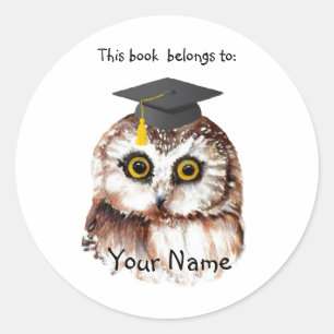 Sticker Rond Cute Graduation Bird Ce livre appartient Bookplate