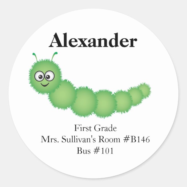 Sticker Rond Cute Green Cartoon Caterpillar (Devant)