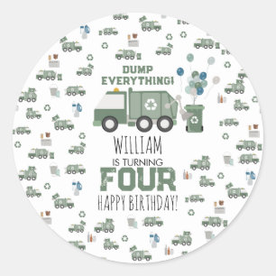 Sticker Rond Cute Green Recycling Camion Enfants Nom Âge Annive