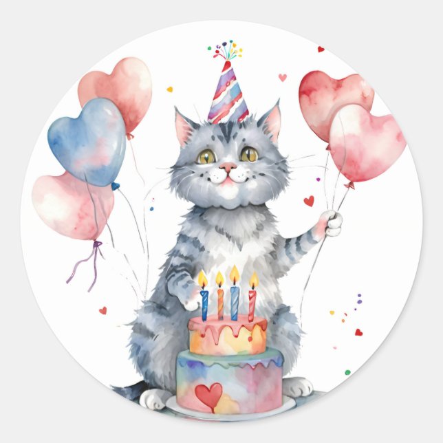 Sticker Rond Cute Grey Chat gâteau d'anniversaire - Anniversair (Devant)