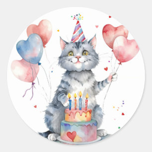 Sticker Rond Cute Grey Chat gâteau d'anniversaire - Anniversair