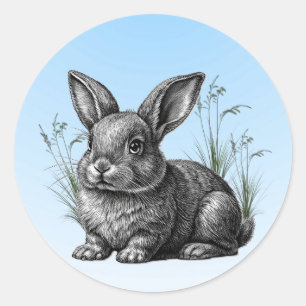 Sticker Rond Cute Grey Rabbit contre un ciel bleu
