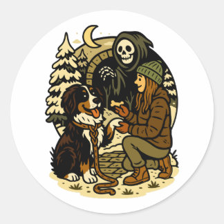 Sticker Rond Cute Grim Reaper Girl and Dog Spooky Forest Night