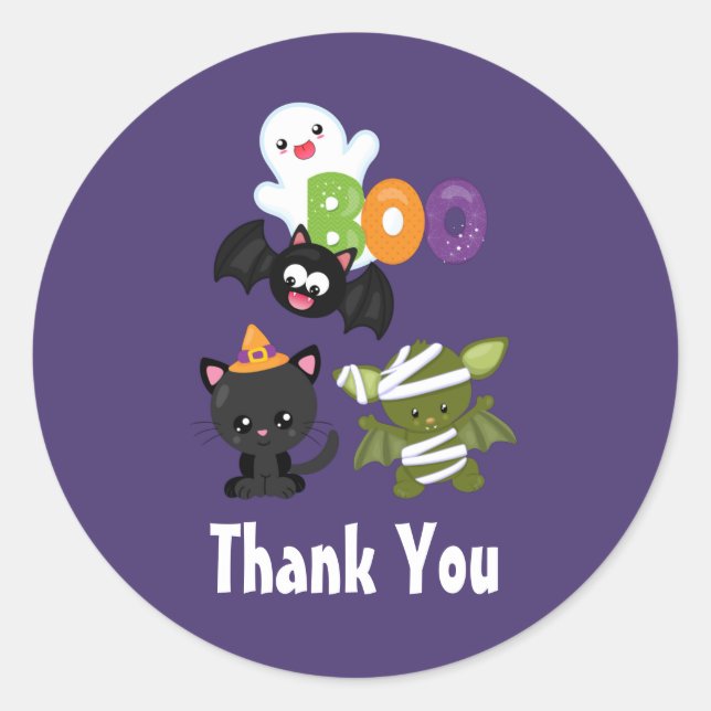 Sticker Rond Cute Halloween Chat, chauve-souris, maman et Merci (Devant)