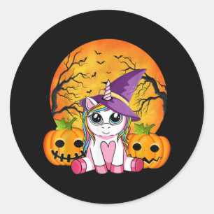 Sticker Rond Cute Halloween Girls Witchy Unicorn Halloween
