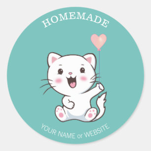 Sticker Rond Cute Happy Chat Blanc avec Ballons Coeur fait mais