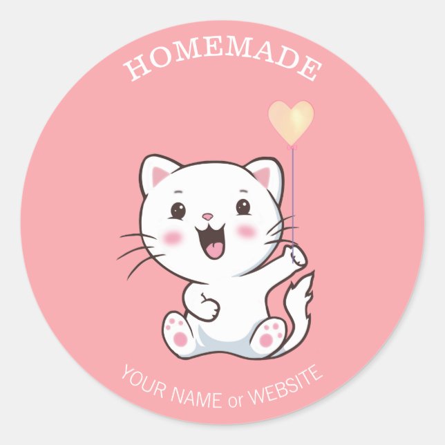 Sticker Rond Cute Happy Chat blanc avec Ballons de Coeur fait m (Devant)