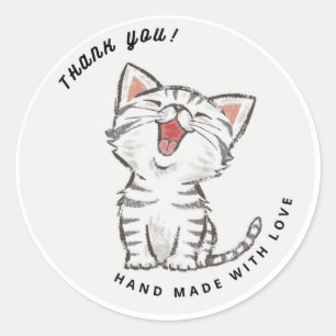 Sticker Rond Cute Happy Chat Kitten Merci gris