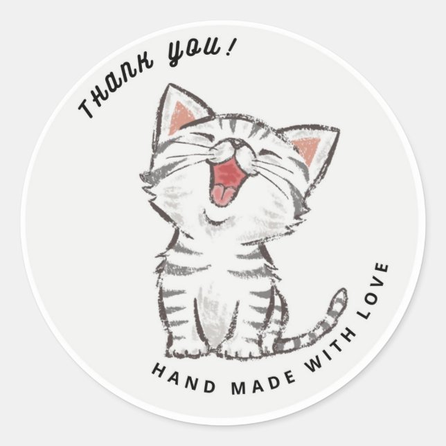 Sticker Rond Cute Happy Chat Kitten Merci gris (Devant)