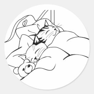 Sticker Rond Cute Happy Chats dormant dans un lit avec ours en 