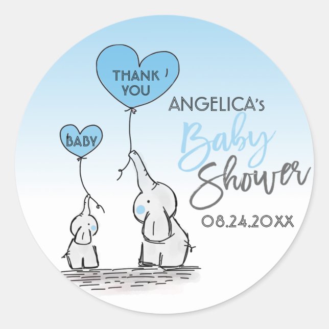 Sticker Rond Cute Heart BOY Blue Elephant maman & Baby shower (Devant)