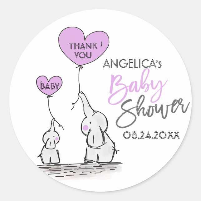 Sticker Rond Cute Heart LAVENDER Elephant maman & Baby shower (Devant)
