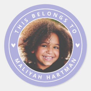 Sticker Rond Cute Hearts Circle Frame Photo Nom École Purple