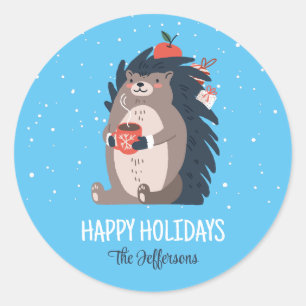 Sticker Rond Cute Hérisson Neige hiver Vacances Noël Animal