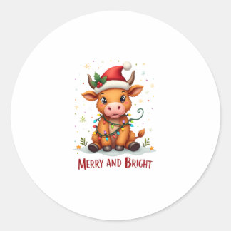 Sticker Rond Cute Highland Baby Cow Christmas Lights Merry & Br