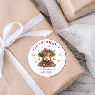 Sticker Rond Cute Highland Cow Christmas Business