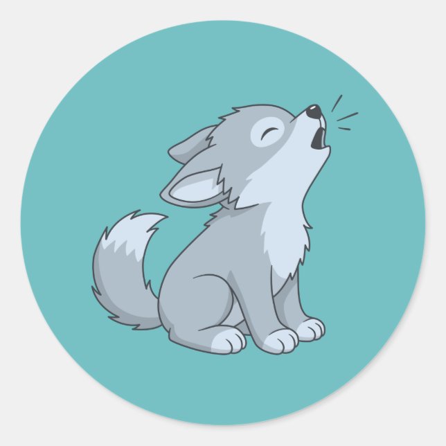 Sticker Rond Cute Howling Wolf Pup on Green (Devant)