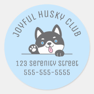 Sticker Rond Cute Husky Chien Bleu Texte personnalisé