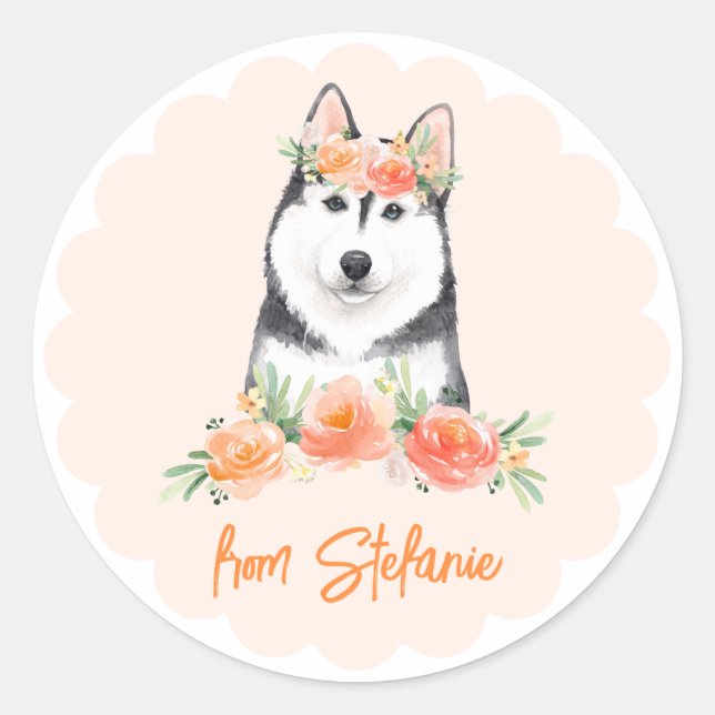 Sticker Rond Cute Husky Sibérien et Fleurs de Pêche Anniversair (Devant)