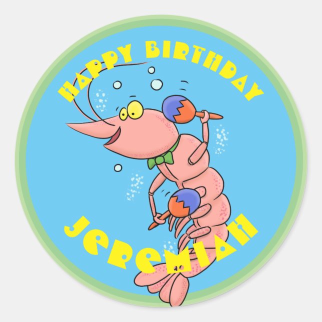 Sticker Rond Cute joyeux crevettes, bâton de dessin animé de cr (Devant)