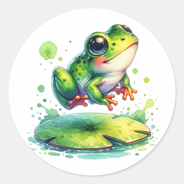 Sticker Rond Cute Jumping Frog Whimsical Ai Art (Devant)