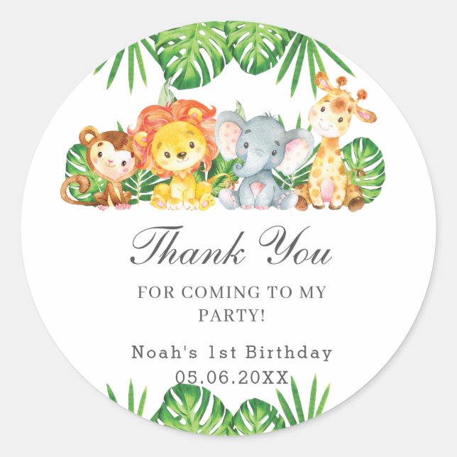 Sticker Rond Cute Jungle Animaux Baby shower verdoyant Annivers (Devant)