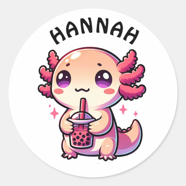 Sticker Rond Cute Kawaii Axolotl avec thé à bulle Personnalisé (Devant)