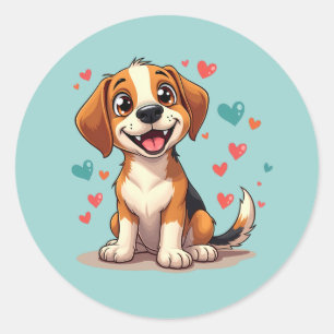 Sticker Rond Cute Kawaii Beagle avec Coeurs Jouer Chien