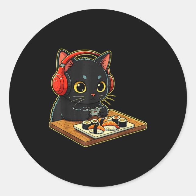 Sticker Rond Cute Kawaii Black Cat Funny Sushi Retro Japanese C (Devant)