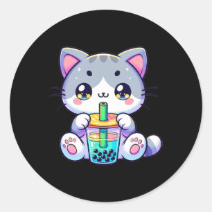 Sticker Rond Cute Kawaii Buble Thé Chat Japonais Kitten Anime