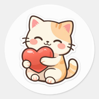 Sticker Rond Cute Kawaii Cat Holding Heart – Adorable Love 