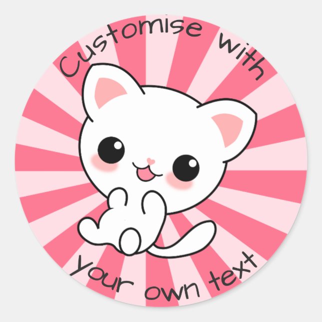 Sticker Rond Cute kawaii Chat Blanc Personnalisé Rose (Devant)
