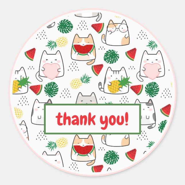 Sticker Rond Cute Kawaii Chats Merci de pastèque tropicale (Devant)