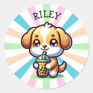 Sticker Rond Cute Kawaii Chien chiot avec Thé à bulle Personnal