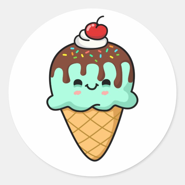 Sticker Rond Cute Kawaii Cone de crème glacée (Devant)