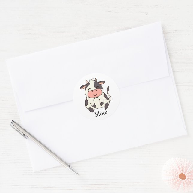 Sticker Rond Cute Kawaii Friendly Cow Moo! (Enveloppe)