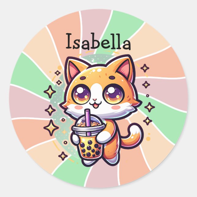Sticker Rond Cute Kawaii Kitten avec thé à bulle Personnalisé (Devant)