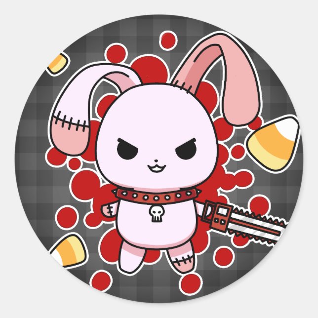 Sticker Rond Cute Kawaii méchant lapin avec tronçonneuse (Devant)