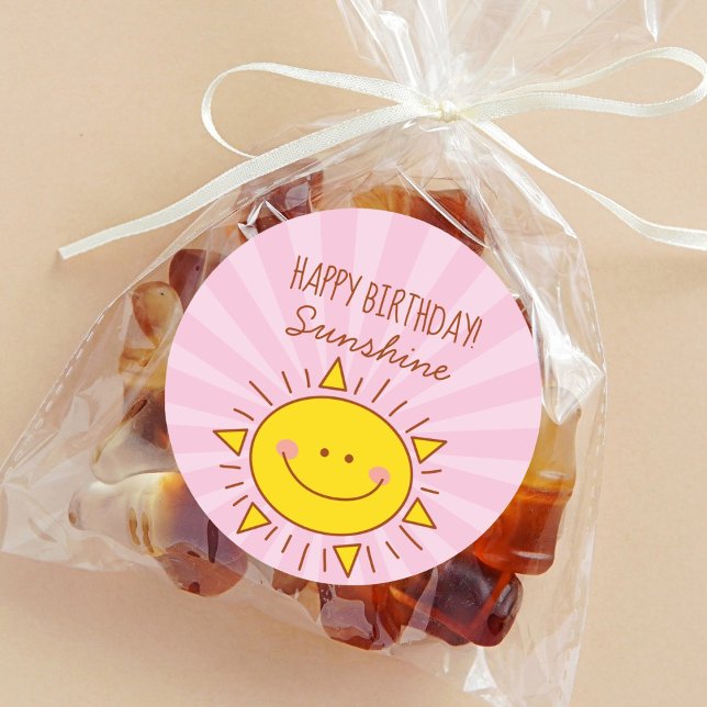 Sticker Rond Cute Kawaii Petit Soleil Rose Joyeux Anniversaire (Créateur téléchargé)