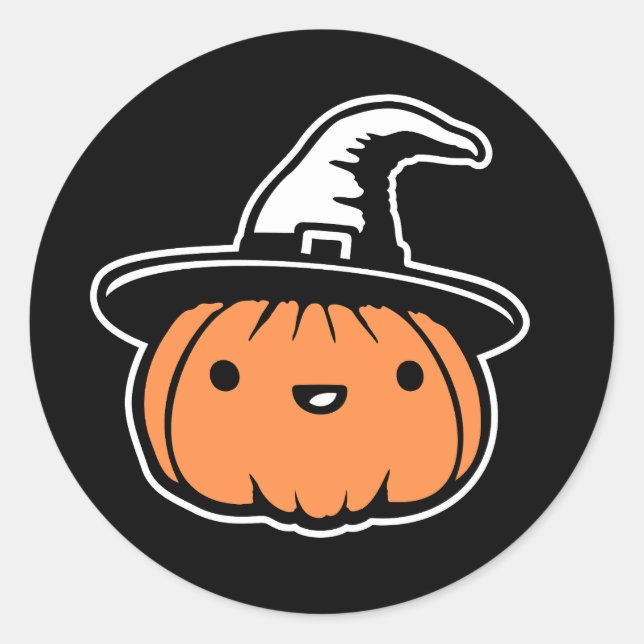Sticker Rond Cute Kawaii Pumpkin Wearing Witch Hat Halloween (Devant)