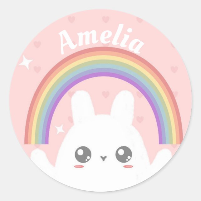 Sticker Rond Cute Kawaii Rabbit et arc-en-ciel Personnalisé (Devant)