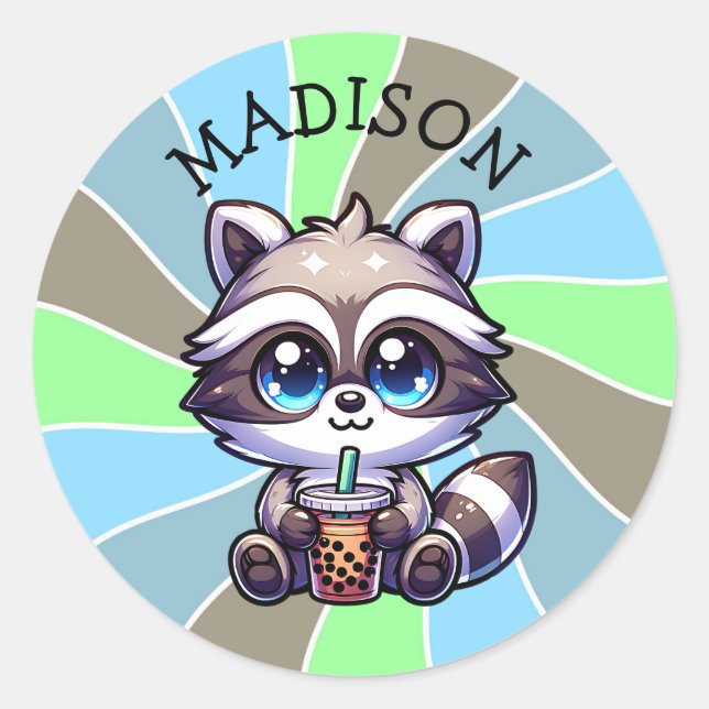 Sticker Rond Cute Kawaii Raccoon avec thé bulle Personnalisé (Devant)