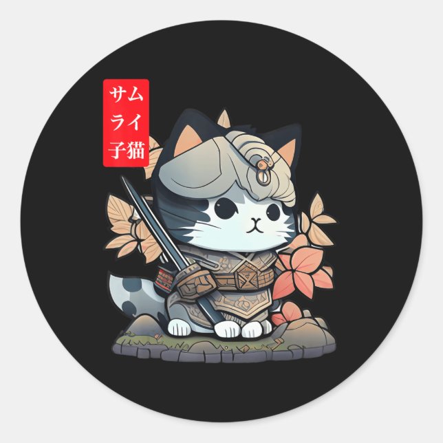 Sticker Rond Cute Kawaii Samurai Guerrier Kawaii Chat Japonais  (Devant)