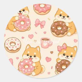 Sticker Rond Cute Kawaii Shiba Inu Donut Pattern