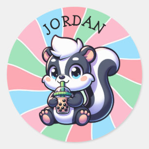 Sticker Rond Cute Kawaii Skunk with Bubble Tea Personnalisé