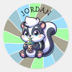 Sticker Rond Cute Kawaii Skunk with Bubble Tea Personnalisé