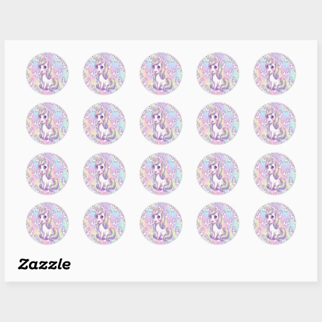 Sticker Rond Cute Kawaii Unicorn Pastel Rainbow Magical (Feuille)