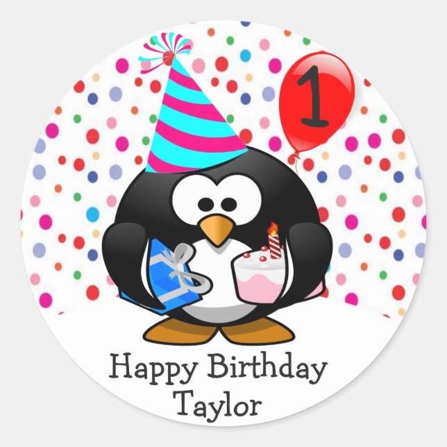 Sticker Rond Cute Kid 1er Joyeux Pingouin d'anniversaire (Devant)