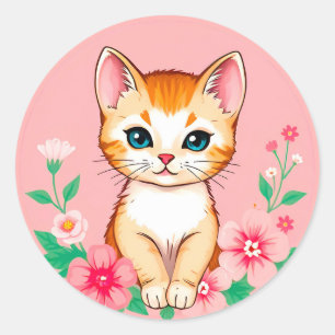 Sticker Rond Cute Kitten avec Fleurs